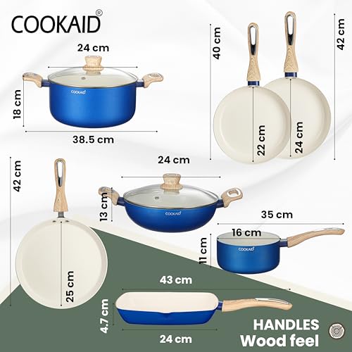 COOKAID Cookware Set Non Stick | 7 Pcs Set - Kadhai with Lid, Fry Pan, Saucepan & Dosa Tawa with 2Pcs Nylon Tool | ISI Certified | Gas & Induction Compatible | Velora - Cream - Image 2