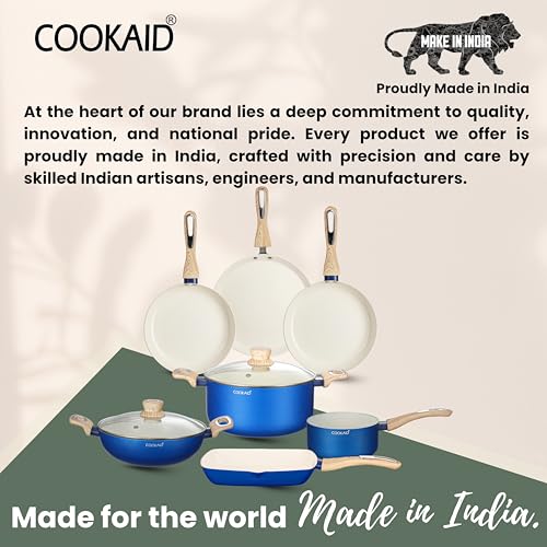 COOKAID Cookware Set Non Stick | 7 Pcs Set - Kadhai with Lid, Fry Pan, Saucepan & Dosa Tawa with 2Pcs Nylon Tool | ISI Certified | Gas & Induction Compatible | Velora - Cream - Image 3
