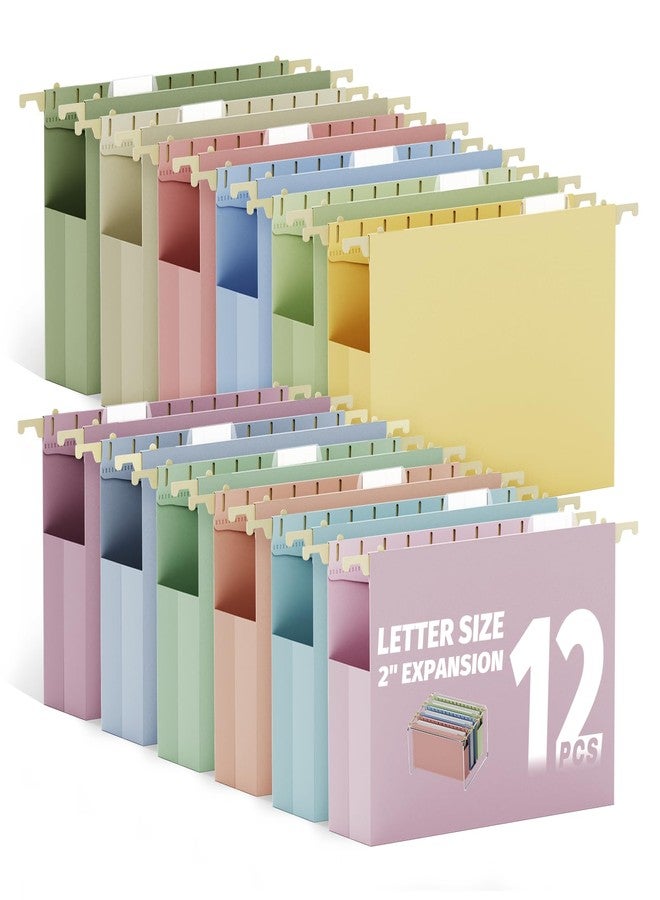 Ansook Letter Size Hanging File Folders Extra Capacity,Heavy Duty 2" Expansion File Folders Hanging with Tabs,Plastic File Cabinet Folders,12 Pack Pastel Desk File Organizer Folders for Office Home - Image 1