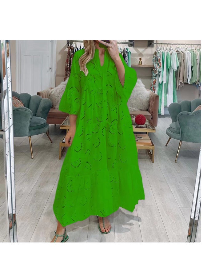 Women V-neck Trumpet Sleeve Lace Hollow Long Dress Loose Dress - Image 1
