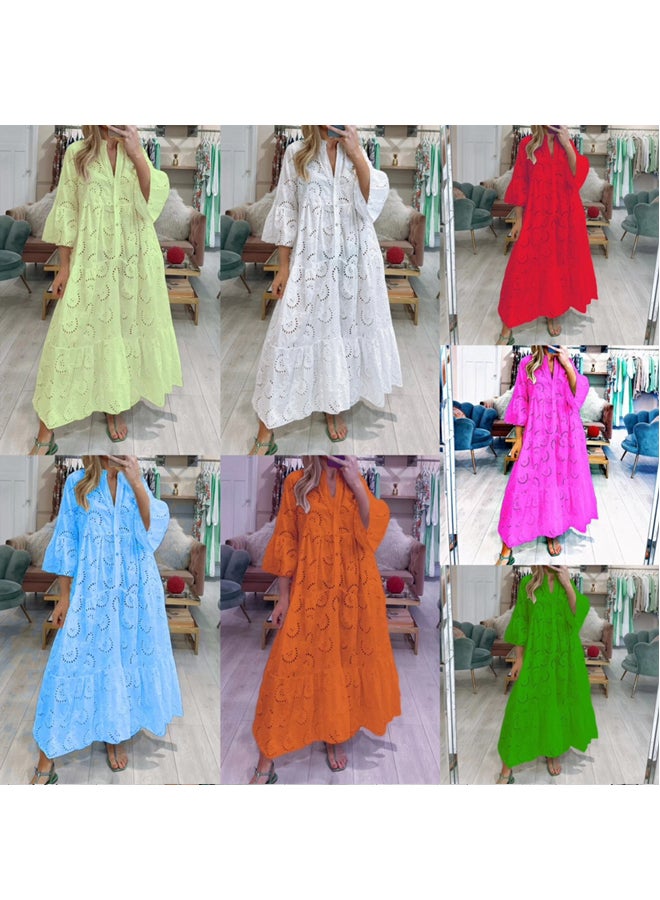 Women V-neck Trumpet Sleeve Lace Hollow Long Dress Loose Dress - Image 2
