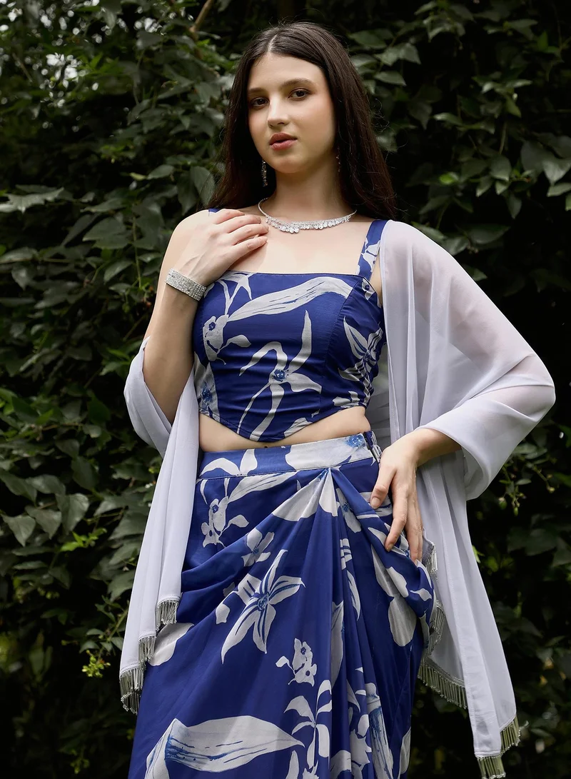 Qissa  Qissa Women's Indigo Blue Flora-Imprint Corset Co-ord Set For Ethnic Wear | Square Neck, Sleeveless | Floral Print Plain Fabric | 3 Piece Co-Ords Designed For Evening & Party Wear for Women | Best Price UAE