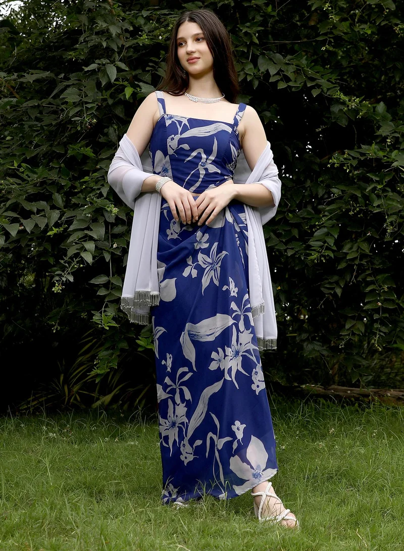 Qissa  Qissa Women's Indigo Blue Flora-Imprint Corset Co-ord Set For Ethnic Wear | Square Neck, Sleeveless | Floral Print Plain Fabric | 3 Piece Co-Ords Designed For Evening & Party Wear for Women | Best Price UAE
