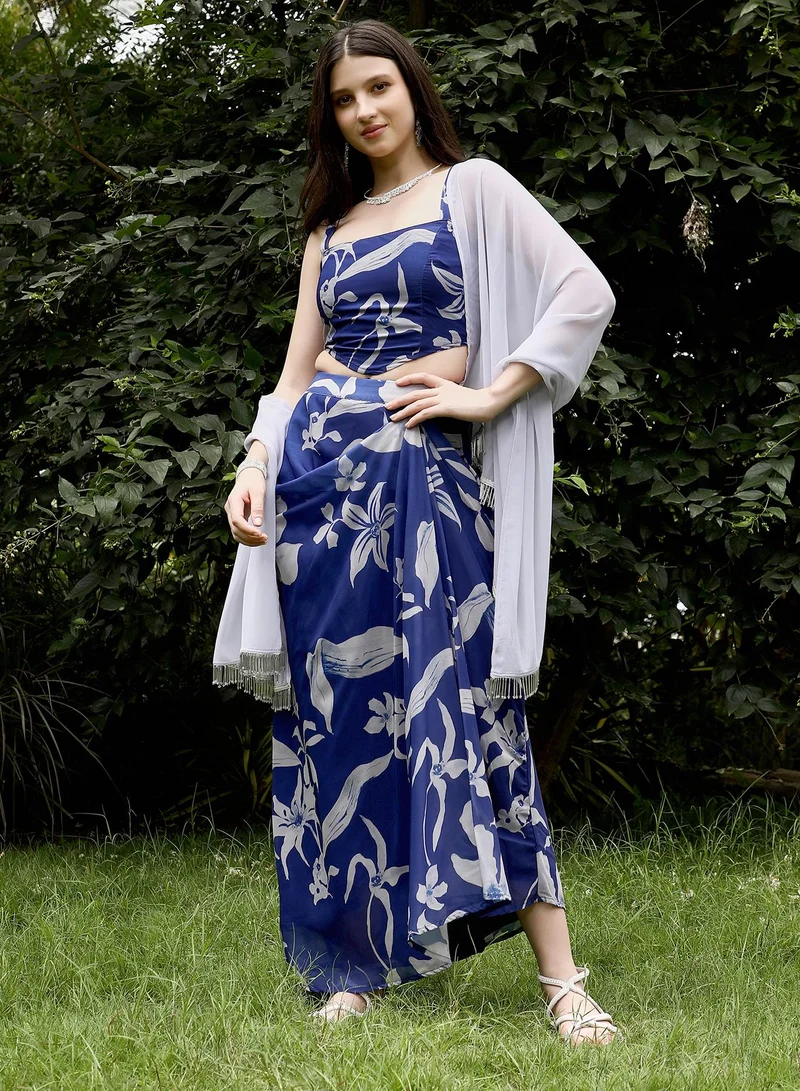 Qissa  Qissa Women's Indigo Blue Flora-Imprint Corset Co-ord Set For Ethnic Wear | Square Neck, Sleeveless | Floral Print Plain Fabric | 3 Piece Co-Ords Designed For Evening & Party Wear for Women | Best Price UAE