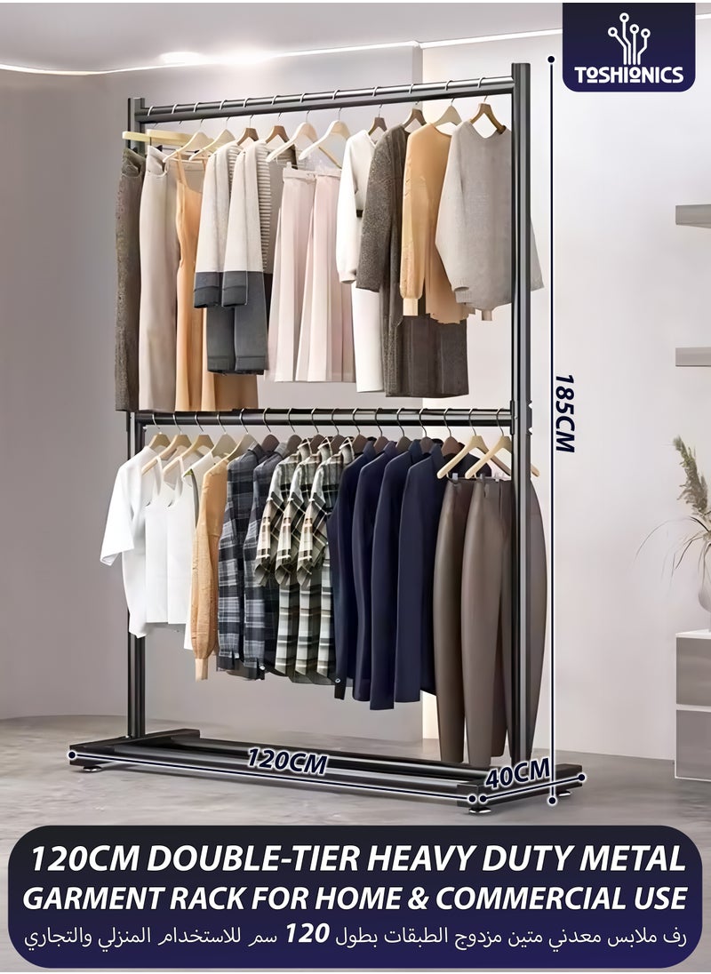 Double Rod Clothing Rack Heavy Duty Dual Layer Clothes Drying Stand Garment Organizer Open Armoire with 2 Tier Hanger Rails and Bottom Storage Shelf, Strong 25mm Steel Pipes, 60kg Load Large Capacity Featuring Two Horizontal Bars for Hanging Clothes, Laundry Room, Balcony, Bedroom Sheets, Quilts, Blanket, Coats, Skirts, Shirts, Hats, Sweaters Holder 120cm