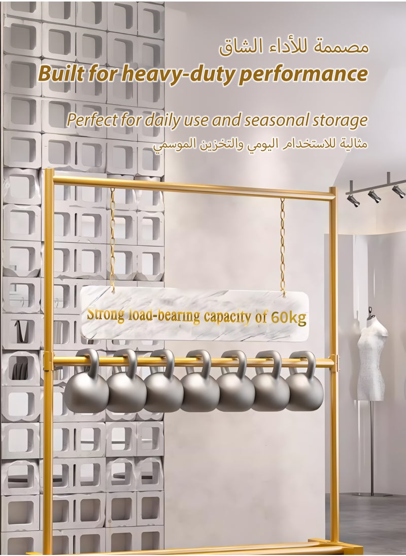 Double Rod Clothing Rack Heavy Duty Dual Layer Clothes Drying Stand Garment Organizer Open Armoire with 2 Tier Hanger Rails and Bottom Storage Shelf, Strong 25mm Steel Pipes, 60kg Load Large Capacity Featuring Two Horizontal Bars for Hanging Clothes, Laundry Room, Balcony, Bedroom Sheets, Quilts, Blanket, Coats, Skirts, Shirts, Hats, Sweaters Holder 120cm