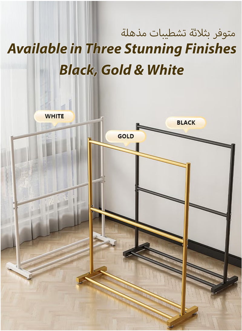 Double Rod Clothing Rack Heavy Duty Dual Layer Clothes Drying Stand Garment Organizer Open Armoire with 2 Tier Hanger Rails and Bottom Storage Shelf, Strong 25mm Steel Pipes, 60kg Load Large Capacity Featuring Two Horizontal Bars for Hanging Clothes, Laundry Room, Balcony, Bedroom Sheets, Quilts, Blanket, Coats, Skirts, Shirts, Hats, Sweaters Holder 120cm