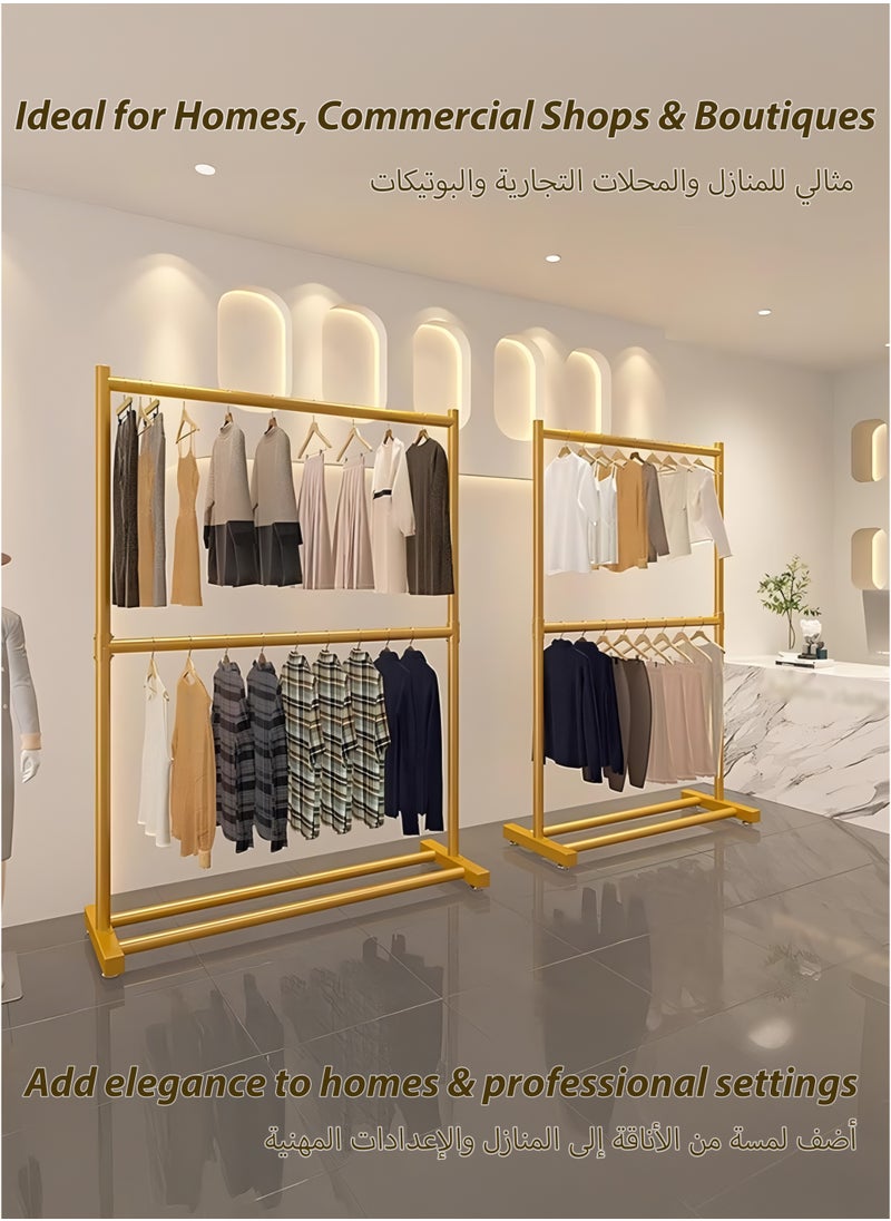 Double Rod Clothing Rack Heavy Duty Dual Layer Clothes Drying Stand Garment Organizer Open Armoire with 2 Tier Hanger Rails and Bottom Storage Shelf, Strong 25mm Steel Pipes, 60kg Load Large Capacity Featuring Two Horizontal Bars for Hanging Clothes, Laundry Room, Balcony, Bedroom Sheets, Quilts, Blanket, Coats, Skirts, Shirts, Hats, Sweaters Holder 120cm