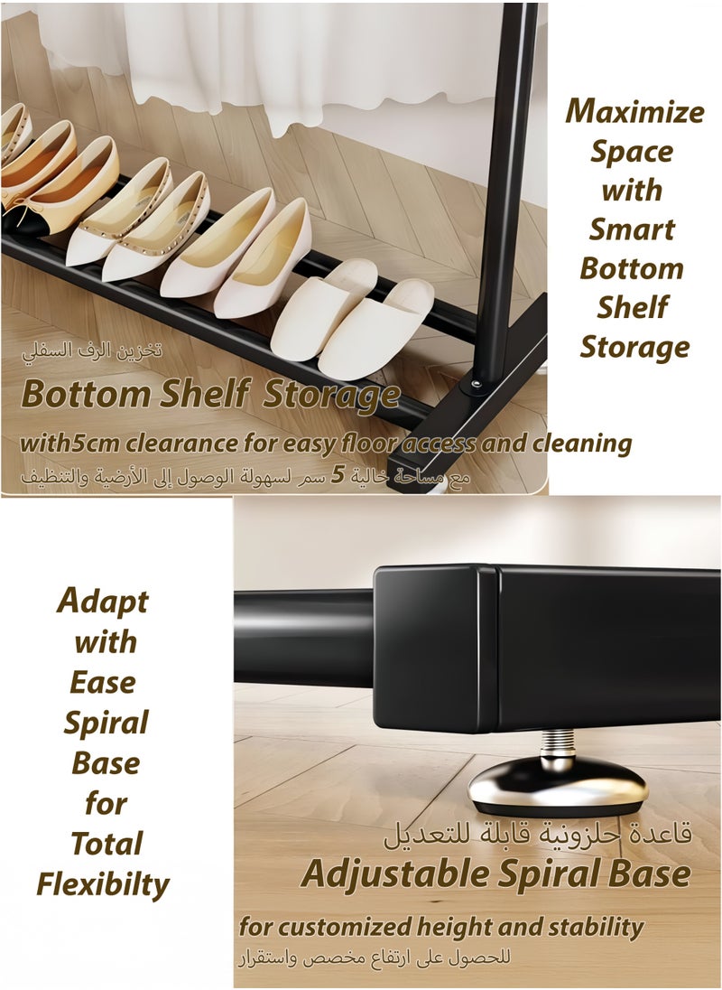 Double Rod Clothing Rack Heavy Duty Dual Layer Clothes Drying Stand Garment Organizer Open Armoire with 2 Tier Hanger Rails and Bottom Storage Shelf, Strong 25mm Steel Pipes, 60kg Load Large Capacity Featuring Two Horizontal Bars for Hanging Clothes, Laundry Room, Balcony, Bedroom Sheets, Quilts, Blanket, Coats, Skirts, Shirts, Hats, Sweaters Holder 120cm
