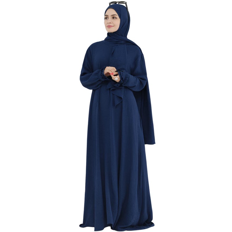khalat Women Muslim Dress Middle East Arabian Robe Islamic Modest Dress with Hijab Scarf Lace Sleeve Flowy Abaya Dress Navy - Image 1