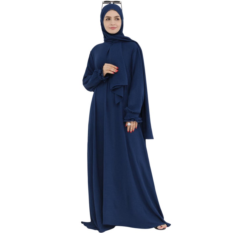 khalat Women Muslim Dress Middle East Arabian Robe Islamic Modest Dress with Hijab Scarf Lace Sleeve Flowy Abaya Dress Navy - Image 2