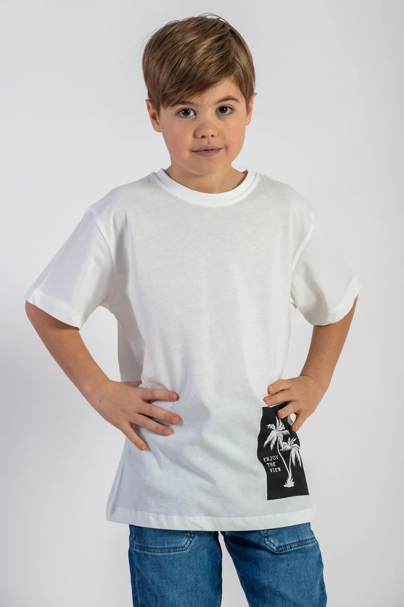WEWE Crew Neck Short Sleeve Palm Printed Ecru Color Boy T-shirt