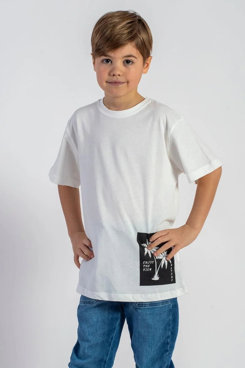WEWE Crew Neck Short Sleeve Palm Printed Ecru Color Boy T-shirt