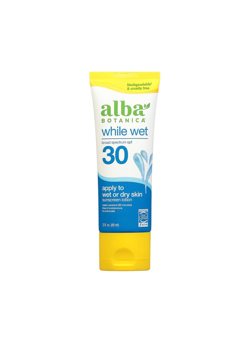 Alba Botanica Sunscreen for Face and Body, While Wet Sunscreen Lotion, Broad Spectrum SPF 30, Water Resistant Sunscreen for Wet and Dry Skin, 3 fl. oz. Bottle  - Image 1