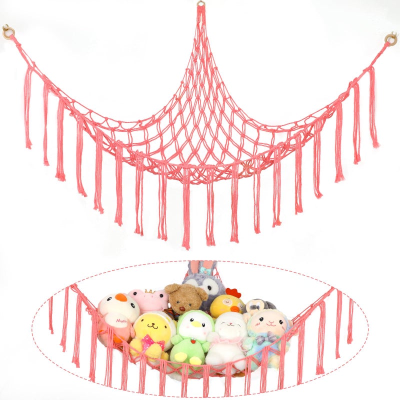 YELIENM Stuffed Animal Hammock Corner Handknitted Large Plushie Net Toy Hammock with Wooden Rings  Boho Cute Stuff Animal Storage for Nursery  Bedroom  Mesh Kids Toy Organizer Holder Nursery Room Decor