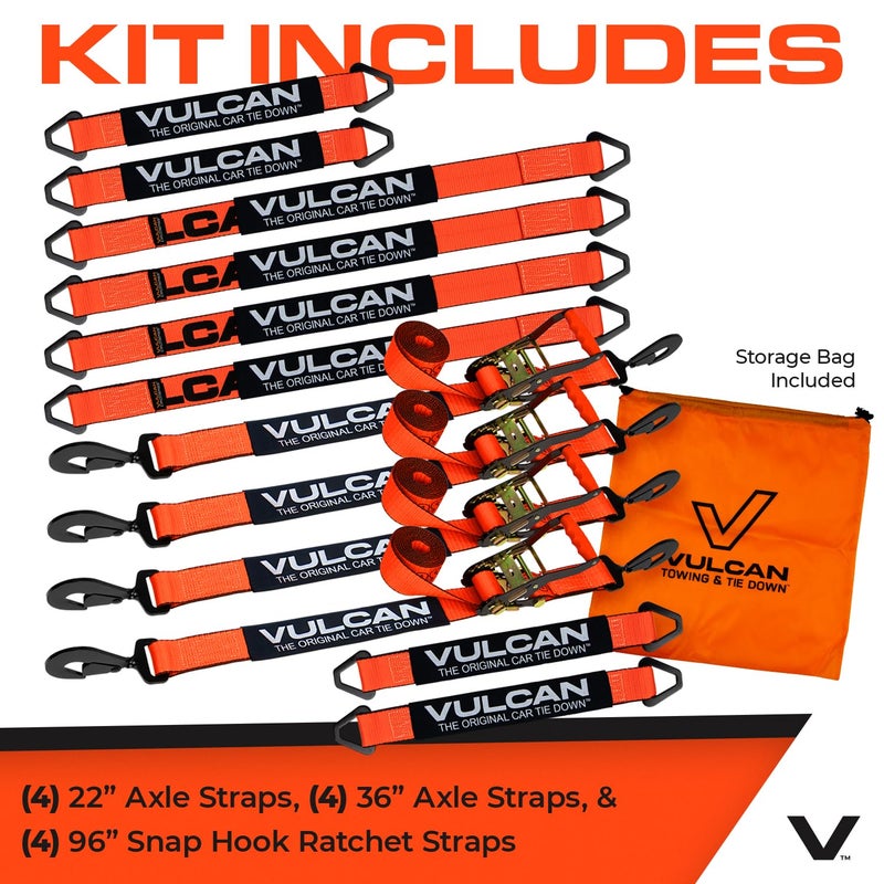 VULCAN Complete Axle Strap Tie Down Kit s - PROSeries - Includes (4) 22 Inch Axle Straps, (4) 36 Inch Axle Straps, and (4) 8' Snap Hook Ratchet Straps - Image 5