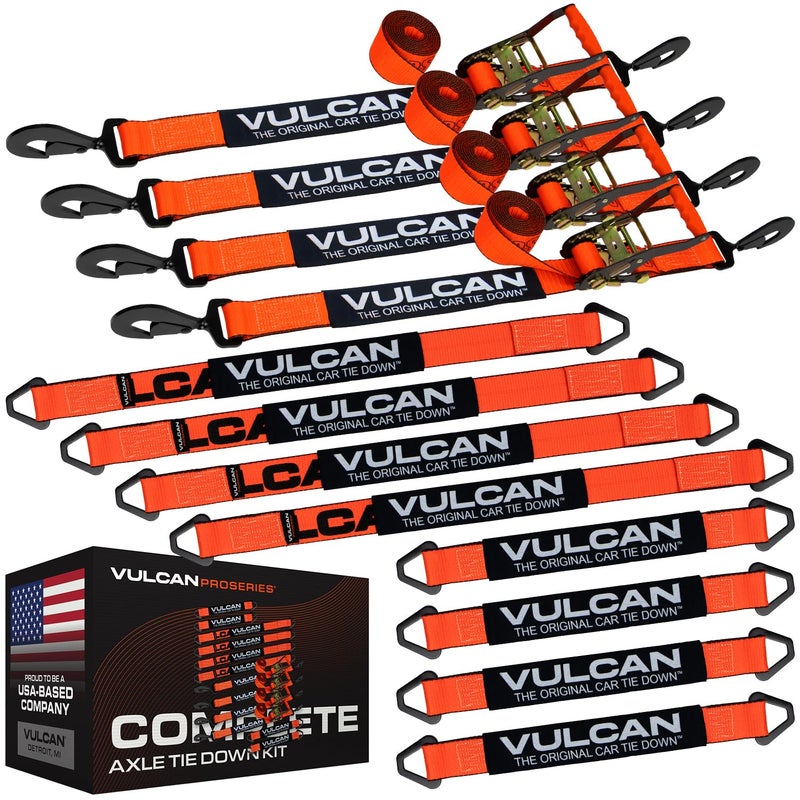 VULCAN Complete Axle Strap Tie Down Kit s - PROSeries - Includes (4) 22 Inch Axle Straps, (4) 36 Inch Axle Straps, and (4) 8' Snap Hook Ratchet Straps - Image 1