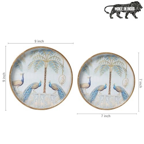 DULI Set of 2 MDF Wood Trays Enamel Coated| Round Trays Set of 2 | Serving Trays | Wooden Tray | Kitchen&Dining Decorative | Resin Tray | 7x7, 9 x 9 inches (Setof2RoundSmall: BlueGoldenPeacock) - Image 2
