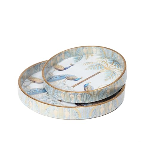 DULI Set of 2 MDF Wood Trays Enamel Coated| Round Trays Set of 2 | Serving Trays | Wooden Tray | Kitchen&Dining Decorative | Resin Tray | 7x7, 9 x 9 inches (Setof2RoundSmall: BlueGoldenPeacock) - Image 5