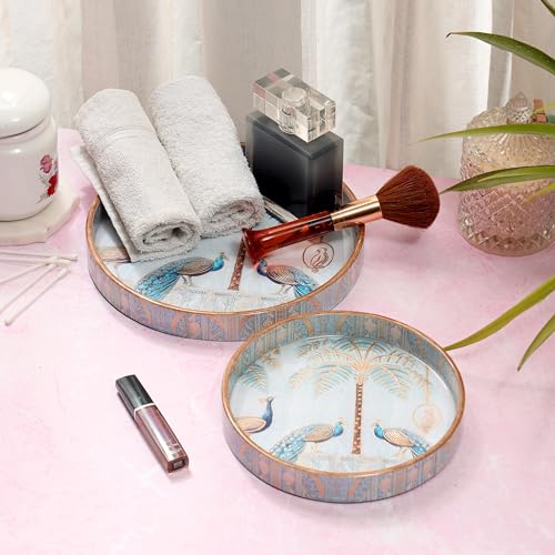 DULI Set of 2 MDF Wood Trays Enamel Coated| Round Trays Set of 2 | Serving Trays | Wooden Tray | Kitchen&Dining Decorative | Resin Tray | 7x7, 9 x 9 inches (Setof2RoundSmall: BlueGoldenPeacock) - Image 3