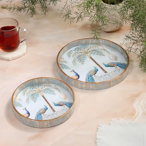 DULI Set of 2 MDF Wood Trays Enamel Coated| Round Trays Set of 2 | Serving Trays | Wooden Tray | Kitchen&Dining Decorative | Resin Tray | 7x7, 9 x 9 inches (Setof2RoundSmall: BlueGoldenPeacock) - Image 4