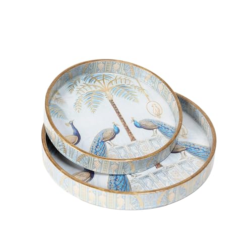 DULI Set of 2 MDF Wood Trays Enamel Coated| Round Trays Set of 2 | Serving Trays | Wooden Tray | Kitchen&Dining Decorative | Resin Tray | 7x7, 9 x 9 inches (Setof2RoundSmall: BlueGoldenPeacock) - Image 1