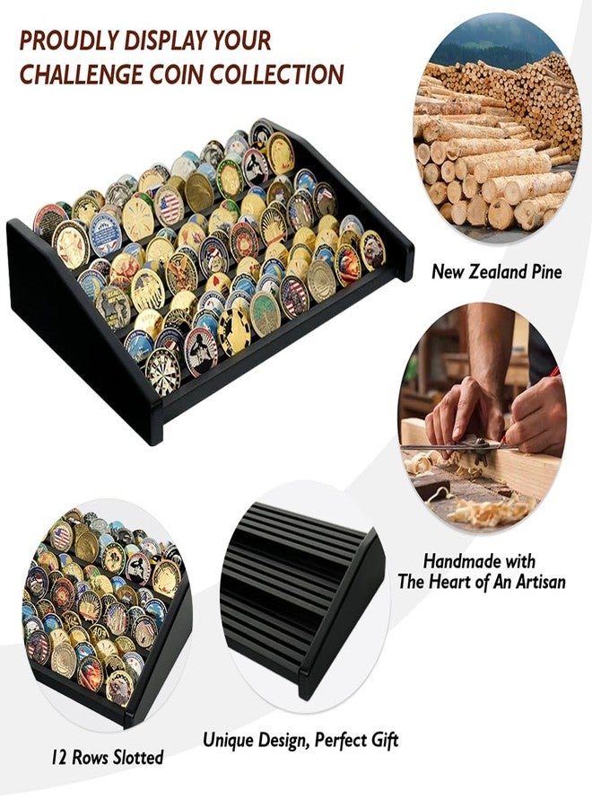 ASmileIndeep 12-Row Wooden Challenge Coin Display Holder for Countertop - 3-Tier Military Coin Rack Stand Holds 90-100 Coins - Coin Display Case for Army Police Collectors, Black - Image 2