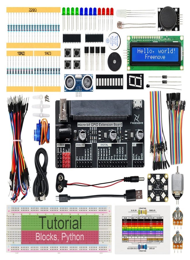 فريينوف مجموعة Freenove Super Starter Kit لـ BBC Micro:bit (غير متضمنة، تعمل مع الإصدارين 1 و2)، برنامج تعليمي مفصل من 266 صفحة، 191 عنصرًا، 38 مشروعًا، وكتلًا، وأكواد Python - Image 1
