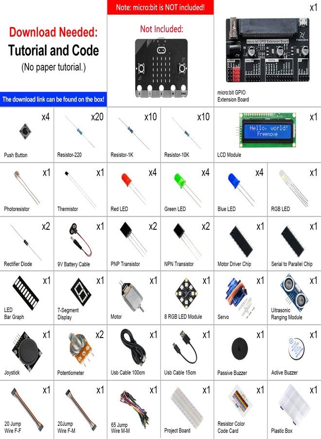 فريينوف مجموعة Freenove Super Starter Kit لـ BBC Micro:bit (غير متضمنة، تعمل مع الإصدارين 1 و2)، برنامج تعليمي مفصل من 266 صفحة، 191 عنصرًا، 38 مشروعًا، وكتلًا، وأكواد Python - Image 2