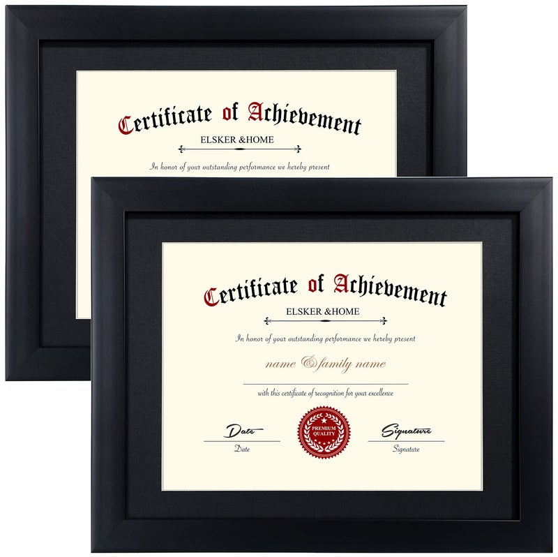 ELSKER&HOME ELSKERHOME Certificate Frames 85 x 11 Black Fits Diploma 85 x 11 with Mat or 11x14 without Mat Document Degree Picture Frame with Glass for Tabletop or Wall Display Set of 2 Pack