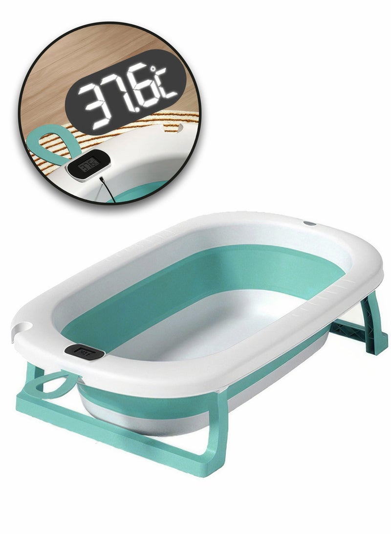 RENOVO Baby Bath Tub with Digital Thermometer, Drain Plug and Hanging Ring Portable Travel Friendly Anti-Skid Collapsible Bathtub for Kids,Grey/White - Image 1
