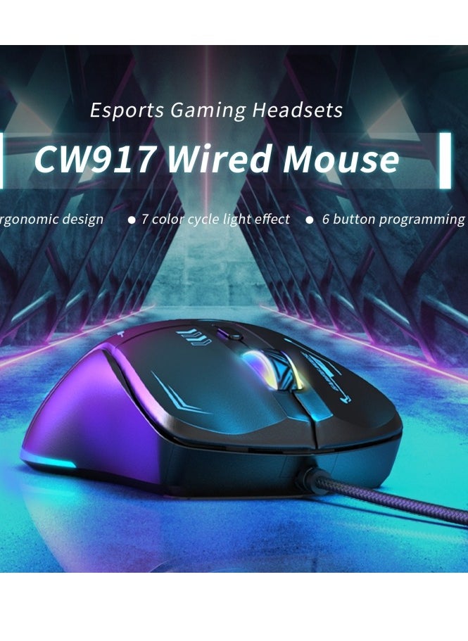 onikuma - CW917 Gaming Mouse Wired - 6 Programming Button ( Software ) - 3600DPI Mechanical Mouse - 7 Colorful RGB Backlit Optical Gaming Mice for PC Laptop Gamer | Black - Image 1