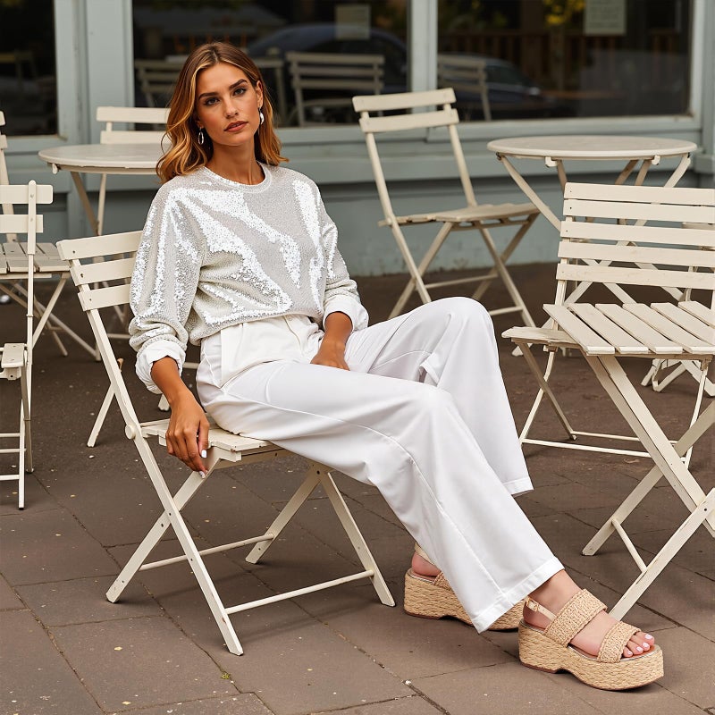 EQAUDES Platform Sandals Women Summer Wedge Espadrilles Comfortable Natural Beach Raffia Sandal Cute Straw Woven Vacation Sandals Ankle Strap Dress Shoes - Image 5