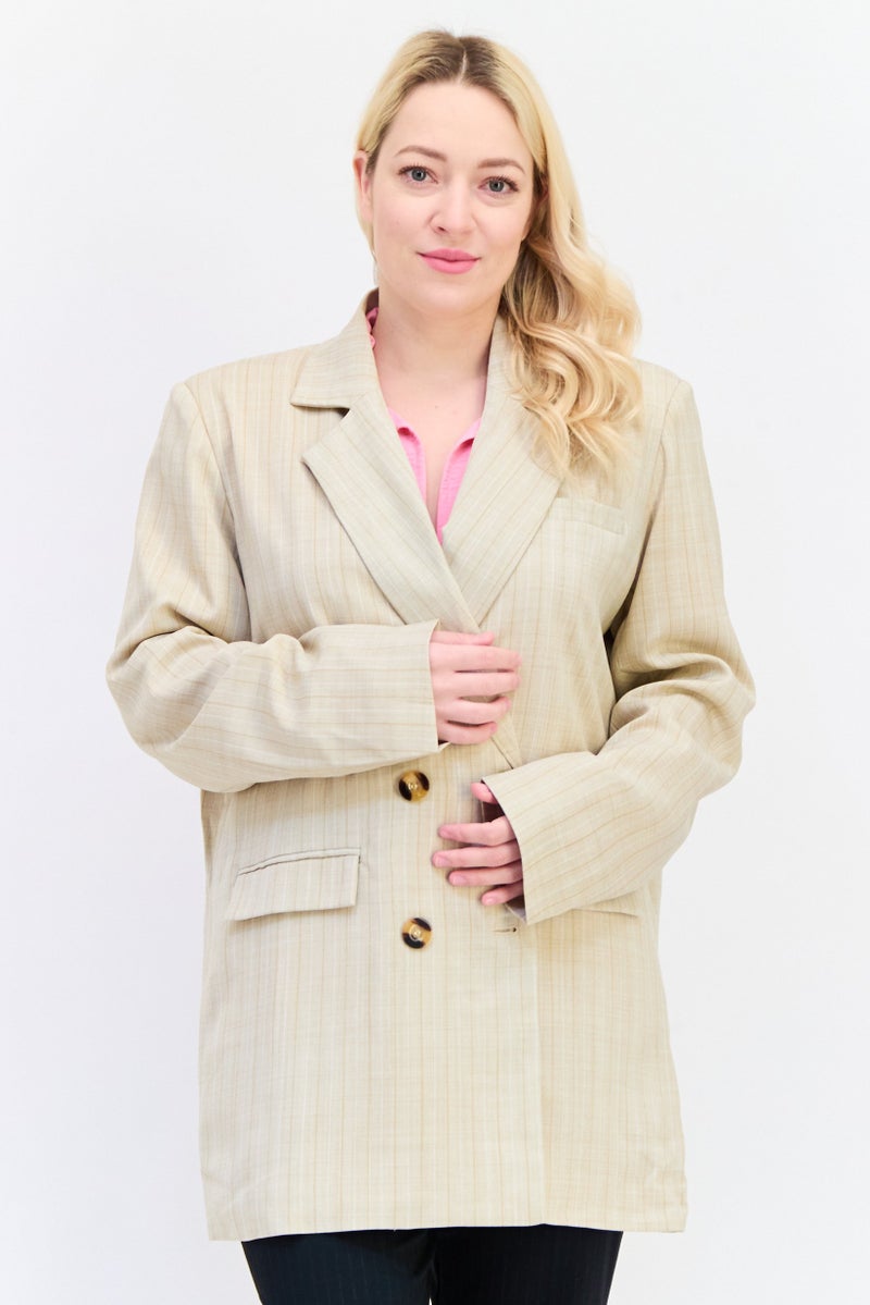 Archive Design Studio Women Regular Fit Stripe Blazer, Beige - Image 1
