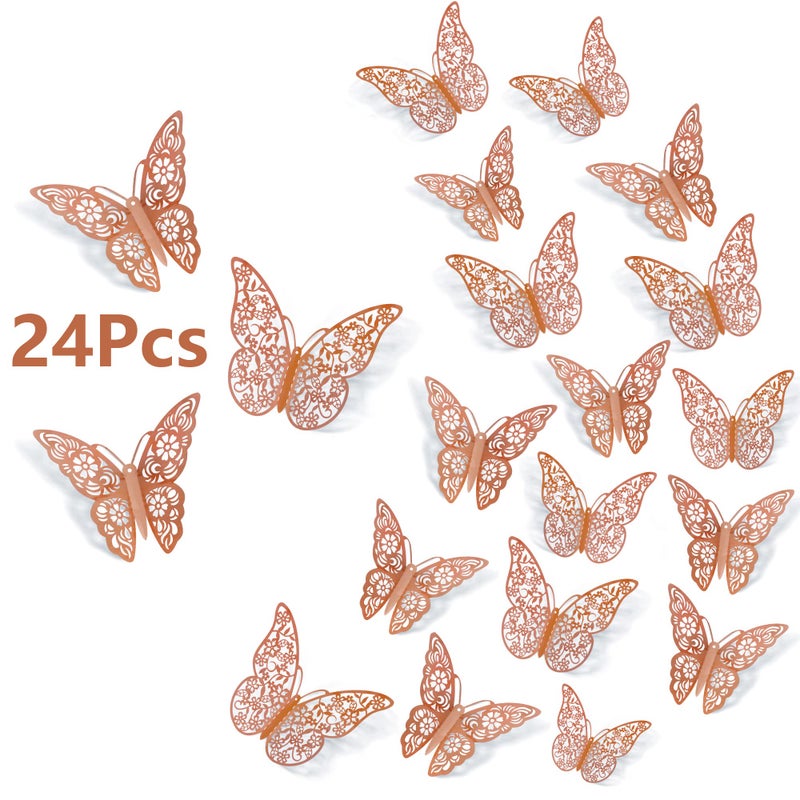 SAOROPEB 3D Butterfly Wall Decor 24Pcs 3 Sizes 2 Styles Butterfly Decorations Removable Butterfly Stickers for Room Decor Party Balloon Addition Cake Decoration Flower Arrangements Rose Gold