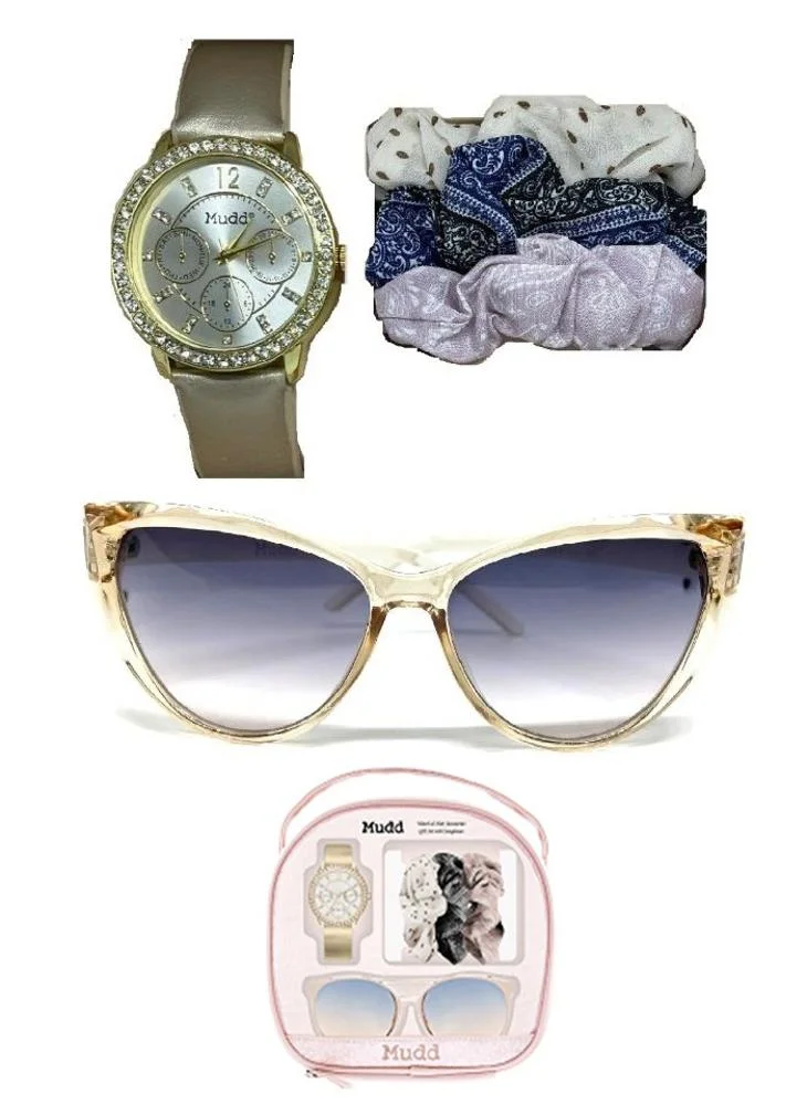 مود Mudd Women's Analogue Watch with Matching Sunglasses and Scrunchies Set, A0813G-42-B27