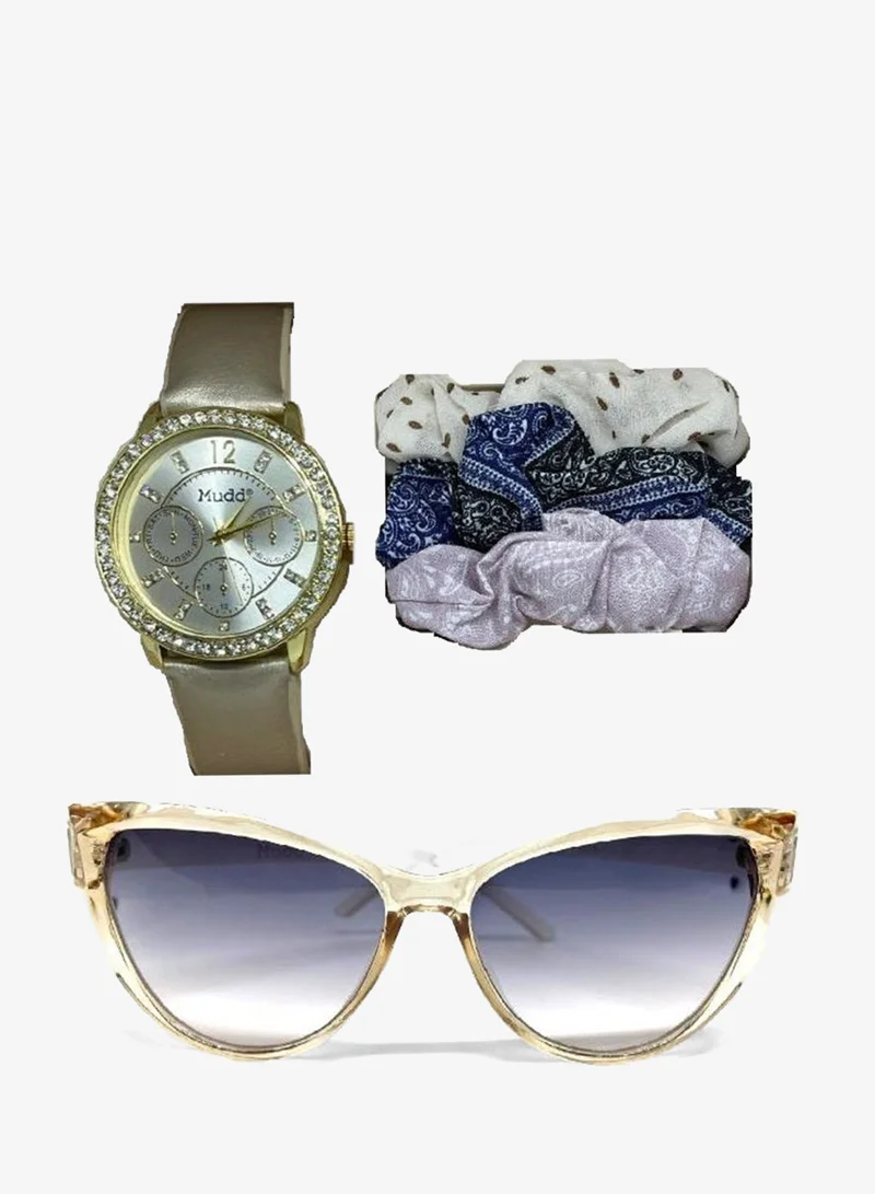 Mudd Mudd Women's Analogue Watch with Matching Sunglasses and Scrunchies Set, A0813G-42-B27