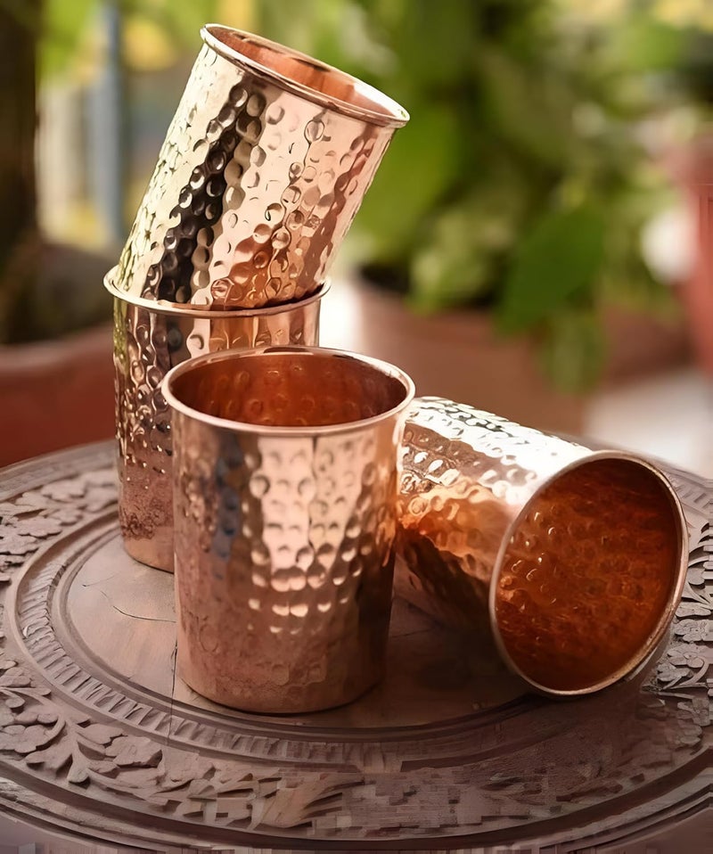 Adoko 100% Pure Copper Hammered Tumbler 300ml | Ayurvedic Drinking Glass for Water | Traditional Handcrafted Copper Utensil – 6Pcs Set - Image 2