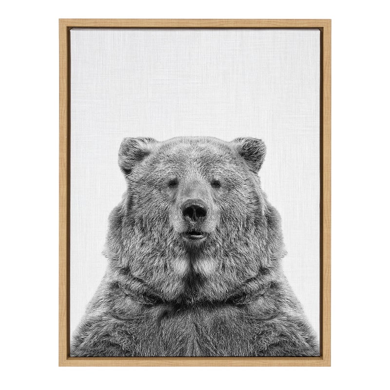 Kate and Laurel Kate and Laurel Sylvie Bear Animal Print Black and White Portrait Framed Canvas Wall Art by Simon Te Tai 18x24 Natural 