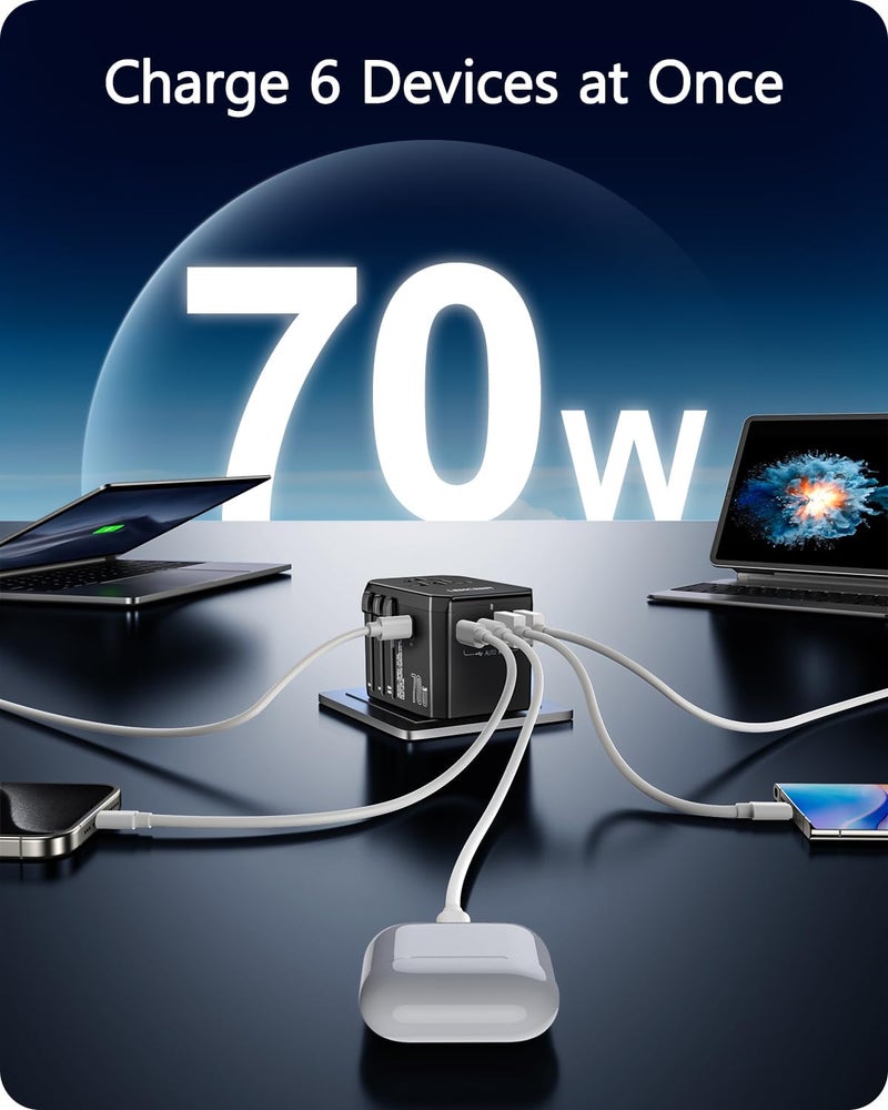 Lencent 70W Universal Travel Adapter, GaN International Fast Charger with 3 PD3.0 Type C+2 QC USB A, Worldwide Power Adapter for Phones,Laptops, All in One Travel Essentials for EU/USA/UK/AU - Image 4