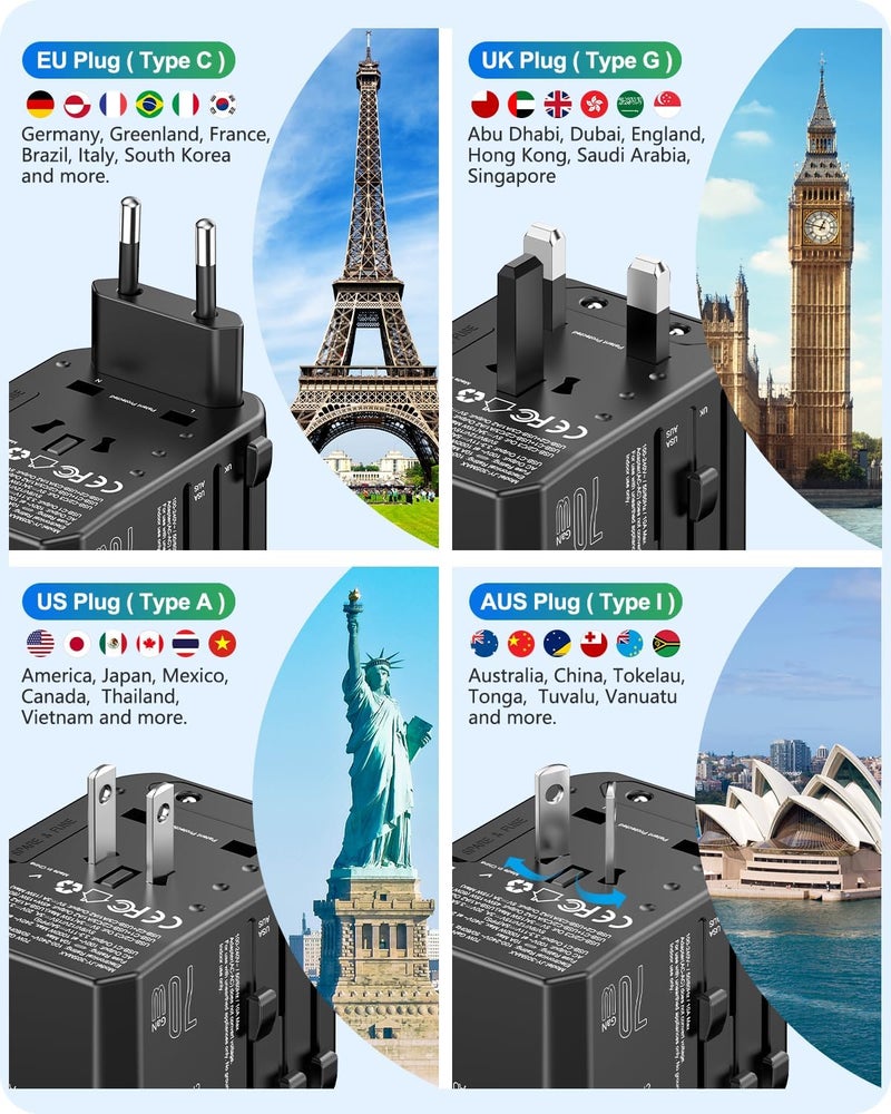Lencent 70W Universal Travel Adapter, GaN International Fast Charger with 3 PD3.0 Type C+2 QC USB A, Worldwide Power Adapter for Phones,Laptops, All in One Travel Essentials for EU/USA/UK/AU - Image 2