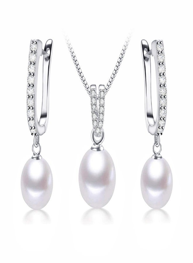 هينجشينج طقم مجوهرات لؤلؤ هينغشنغ للنساء، قلادة وأقراط من لؤلؤ المياه العذبة مع زركونيا مكعبة، فضة إسترليني عيار 925، هدية مثالية لحفلات الزفاف والخطوبة - أبيض - Image 1