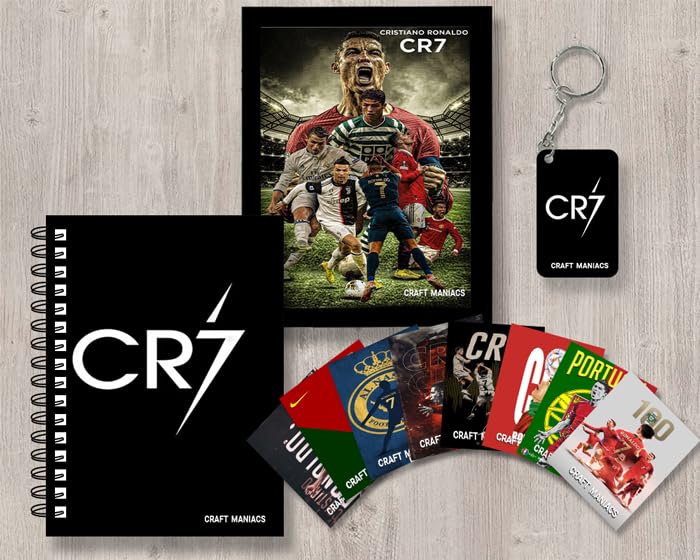 CRAFT MANIACS Cristiano Ronaldo Black Sign Frame Gifting Combo One A5 Frame One Diary Set of 8 Lomo Cards Free Matching Wooden Keychain Best Gift for CR7 Lovers - Image 1