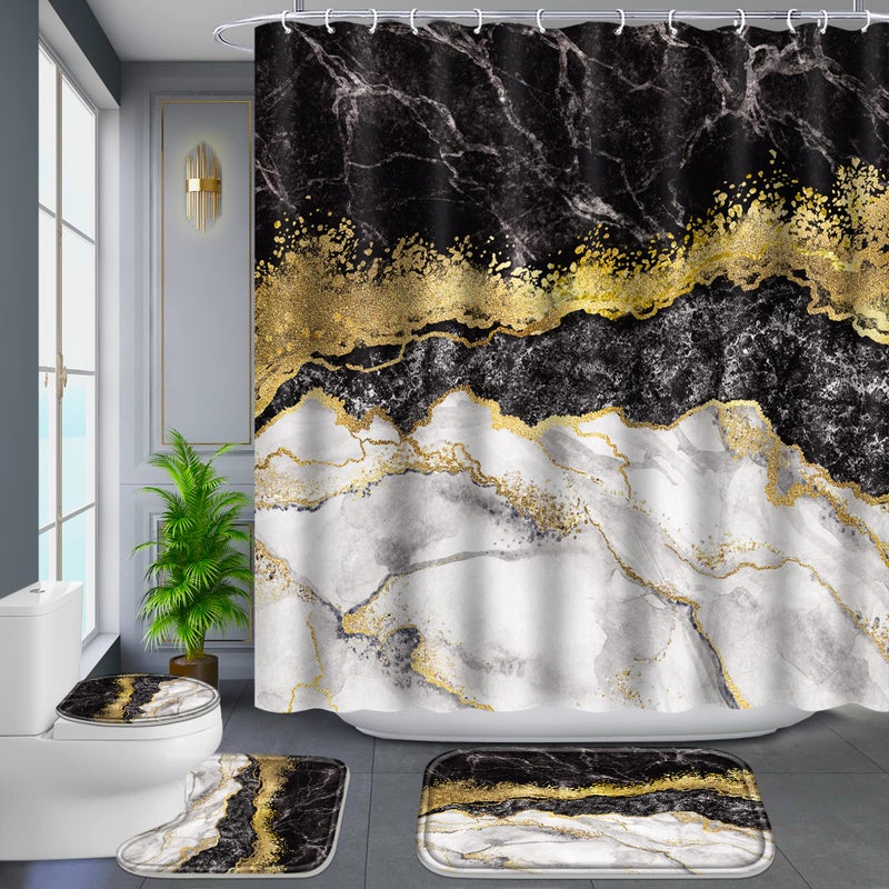 Poedist 4 Pcs Black and Gold Edge Marble Bathroom Shower Curtain Set Bathroom Sets with Shower Curtain and RugsBath MatU Shape and Toilet Lid Cover Mat and 12 HooksBlack - Image 2