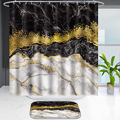 Poedist 4 Pcs Black and Gold Edge Marble Bathroom Shower Curtain Set Bathroom Sets with Shower Curtain and RugsBath MatU Shape and Toilet Lid Cover Mat and 12 HooksBlack - Image 3