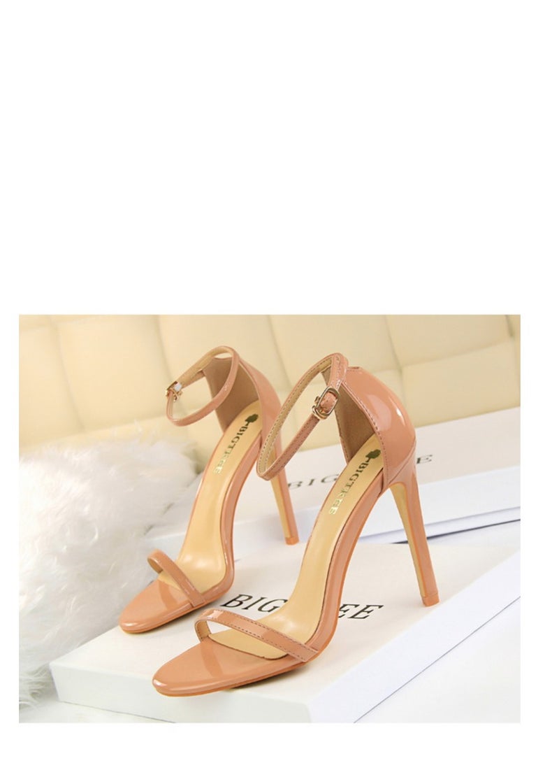 BIGTREE 11cm Stylish High Heels Patent Open-Toe Sandals For Summer Beige - Image 1