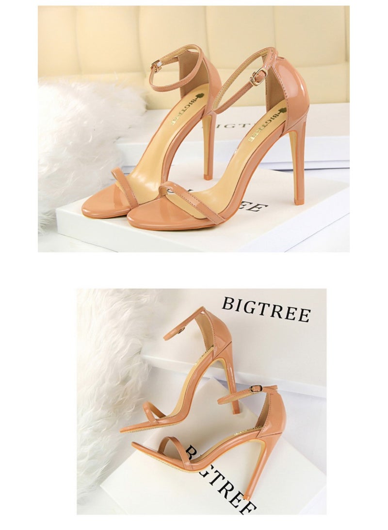 BIGTREE 11cm Stylish High Heels Patent Open-Toe Sandals For Summer Beige - Image 2