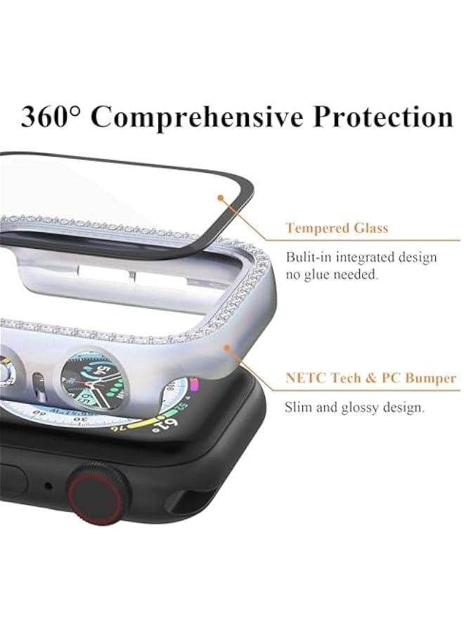Bling Case Compatible for Apple Watch Case 42mm iwatch 3 2 1 Hard PC Fantasy Gradient Fluorescent Rhinestone Bumper Built in Tempered Glass Screen Protector, Blue - Image 2