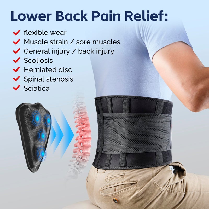 FEATOL Back Brace for Men Lower Back Pain Relief Lumbar Support Brace Waist Belt with Ergonomic 3D Silicone Pad for Heavy Lifting Work, Herniated Disc, Sciatica XXL - Image 2