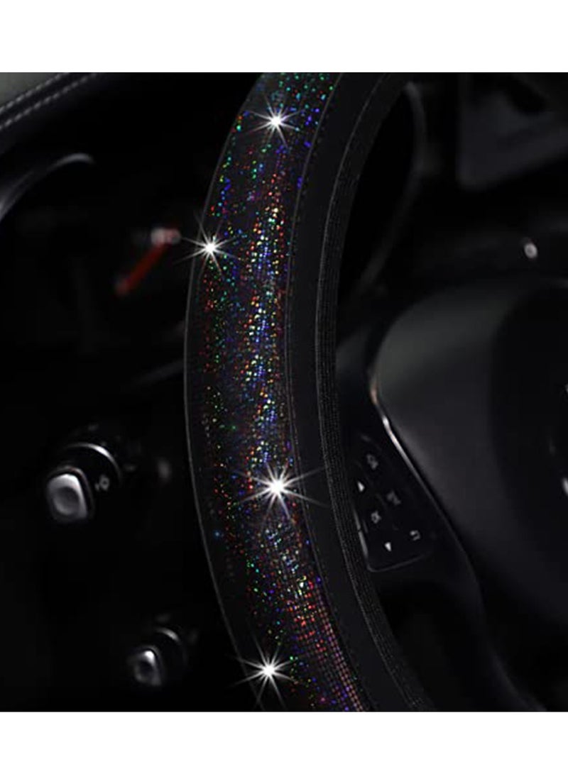Steering Wheel Cover, General 15 inch Women's Cloth car Steering Wheel, Colorful Gilded car Steering Wheel Cover Bling Bling Anti-Slip Breathable Steering Cover for Vehicles（Black） - Image 2